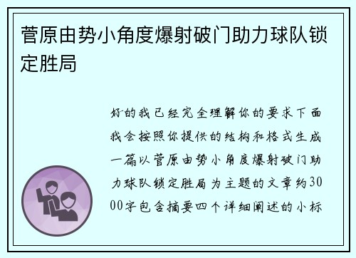 菅原由势小角度爆射破门助力球队锁定胜局 菅原由势小角度爆射破门助力球队锁定胜局